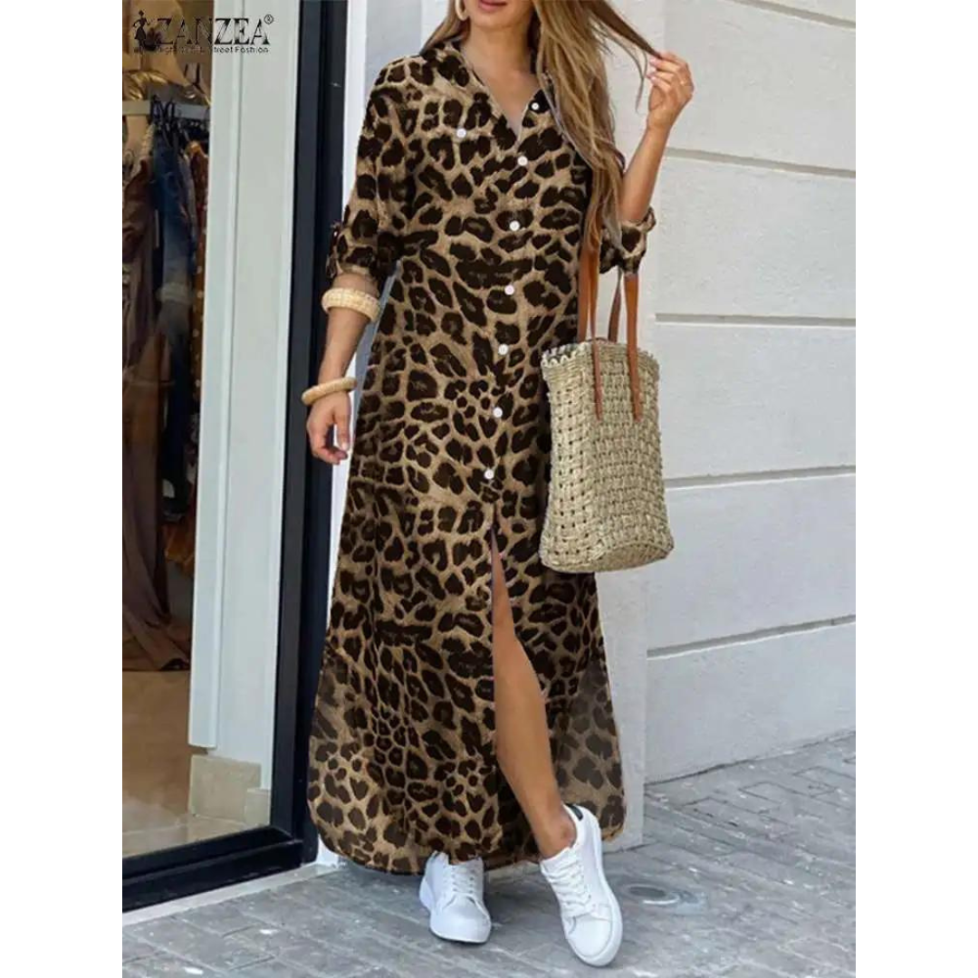 Vestido Longo de Botões Leopardo